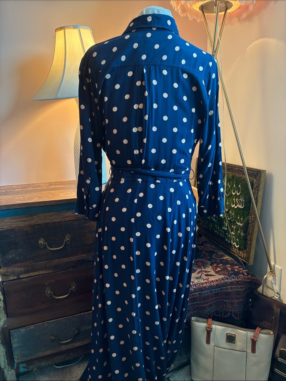 Banana Republic Navy Maxi Dress with Beige Polka Dots - Picture 2 of 5